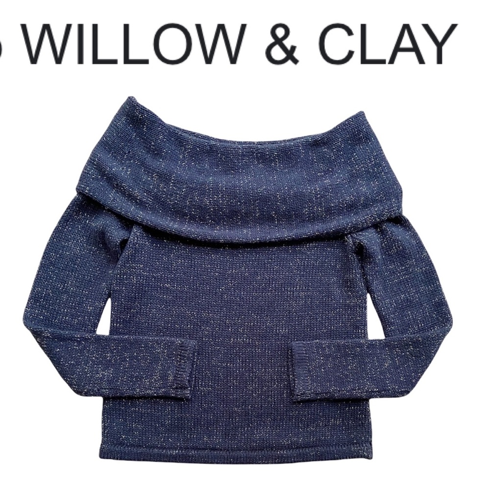 Willow & Clay Blue Off-The-Shoulder Gold Metallic Thread Sweater Size Small